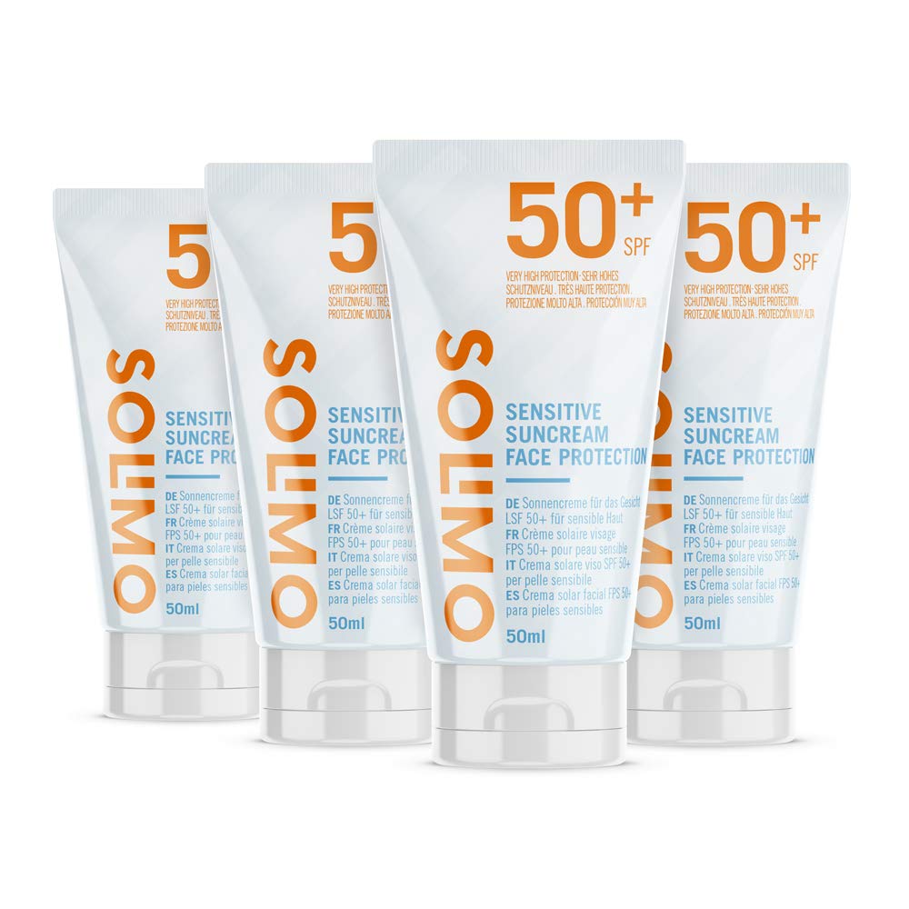 Amazon Brand - Solimo Sun - Suncream Sensitive Face Protection, SPF 50+, with Vitamin E, antioxidant (4x50 ml)