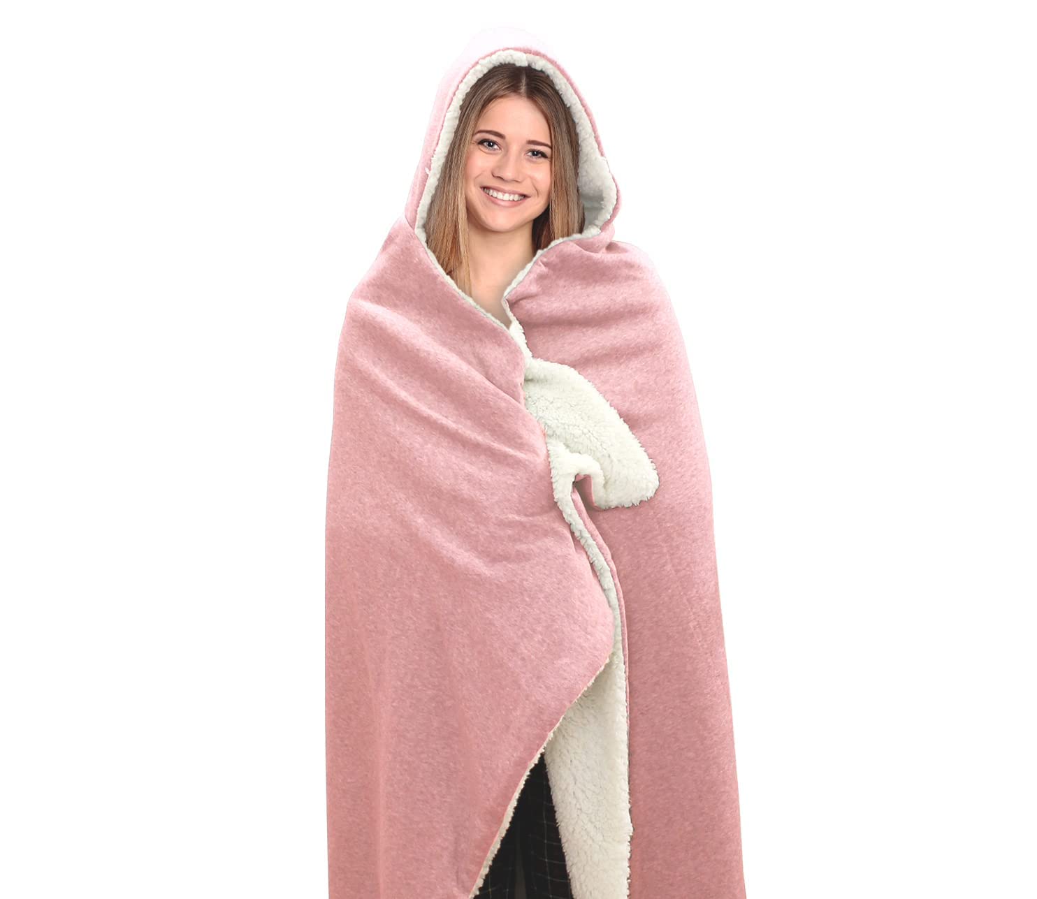 Posh Home Hooded Jersey Knit Reversible Sherpa Throw Blanket, 50" x 60" (Cotton Blend Blush)