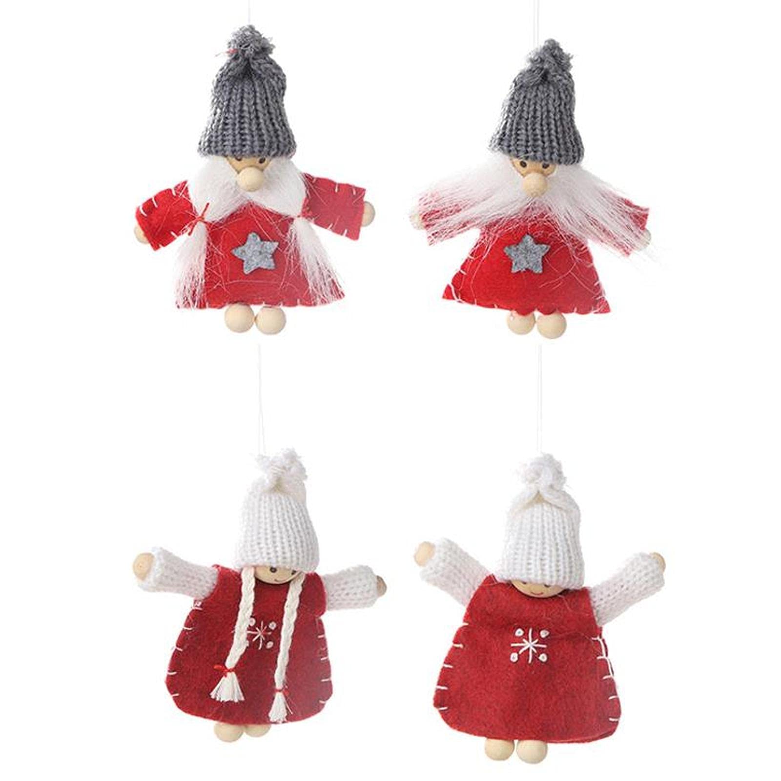 Kawaii Christmas Santa Haning Tree Ornaments 4Pcs Japanese Style Snowman Angel Plush Dolls Set Tree Topper with Sweater Hat Wooden Xmas Winter Hang Decoration for Home Shop Red