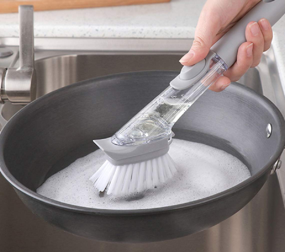 3VS™ Decontamination Kitchen Cleaning Brush Scrubber Dish Bowl Washing Sponge with Refill Liquid Soap Dispenser Kitchen Pot Cleaner Tool Long Handle Sponge with White Wok Brush