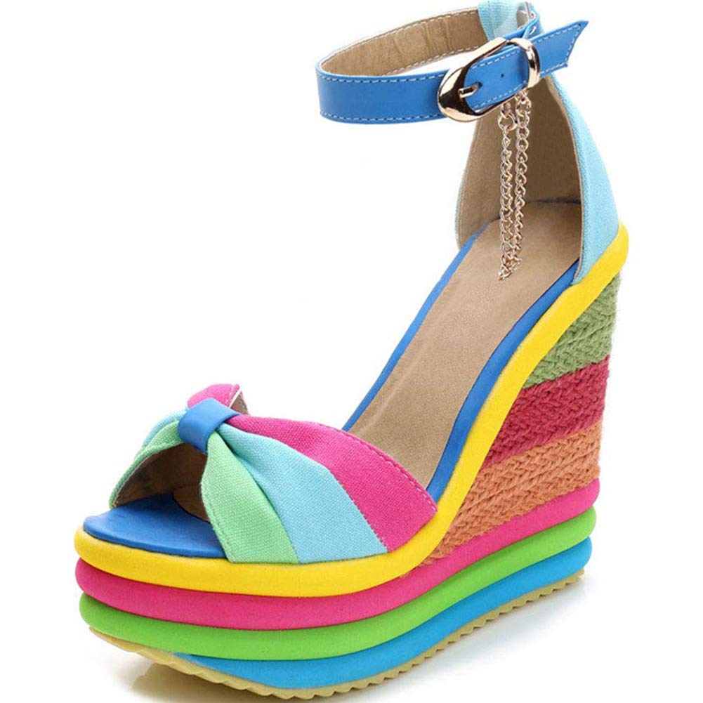 SaraIris Sandals for Women Gladiator Ankle Strap High Heel Platform Wedge Rainbow Sandals for Women, Blue, 10