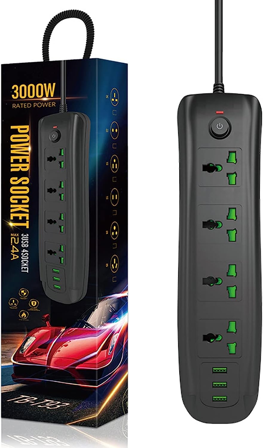 CooToly 4 Way 5M Power Strip, 4 Outlets and 3 USB Port,5 meters in length Extension Lead, UK Plug 5 Meters Cable 250V 3000W Surge Protector - Black (5M T93)