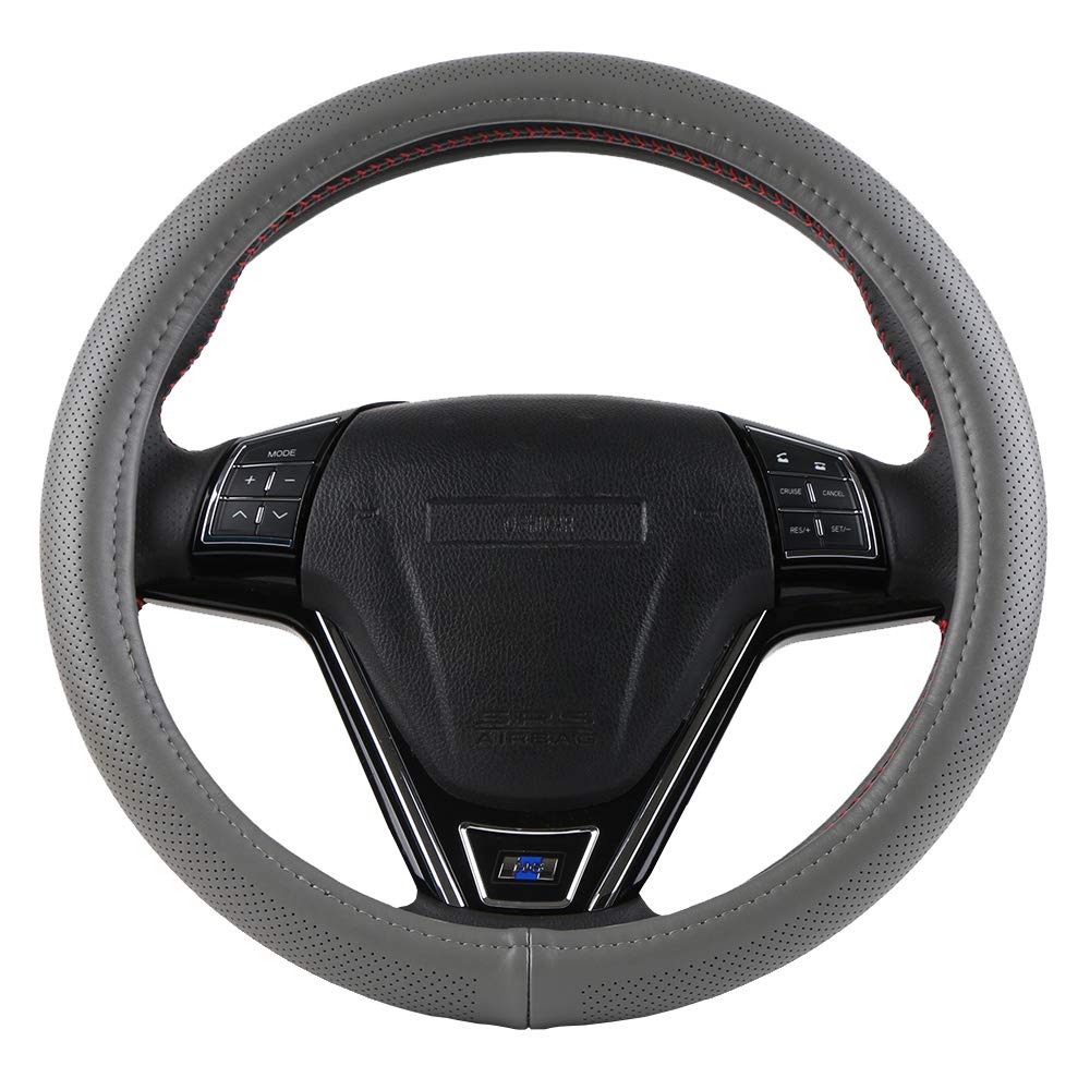 Grey Genuine Leather 15" Standard Steering Wheel Cover for Men Business Style Silica Gel Liner and Can be Held Firm When Driving