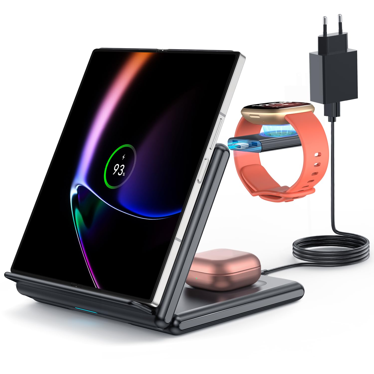 GEEKERA Wireless Charger for Fitbit Watch: 3 in 1 Foldable Charging Station - Carbon Black