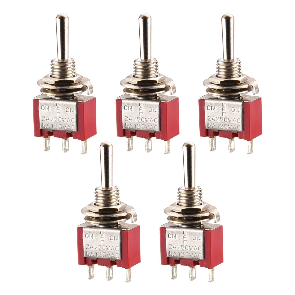 Heschen Mini Momentary Toggle Switch MTS-123, (ON)-OFF-(ON) SPDT, 3 Pin, 2A 250V, 5A 120V, UR listed Pack of 5