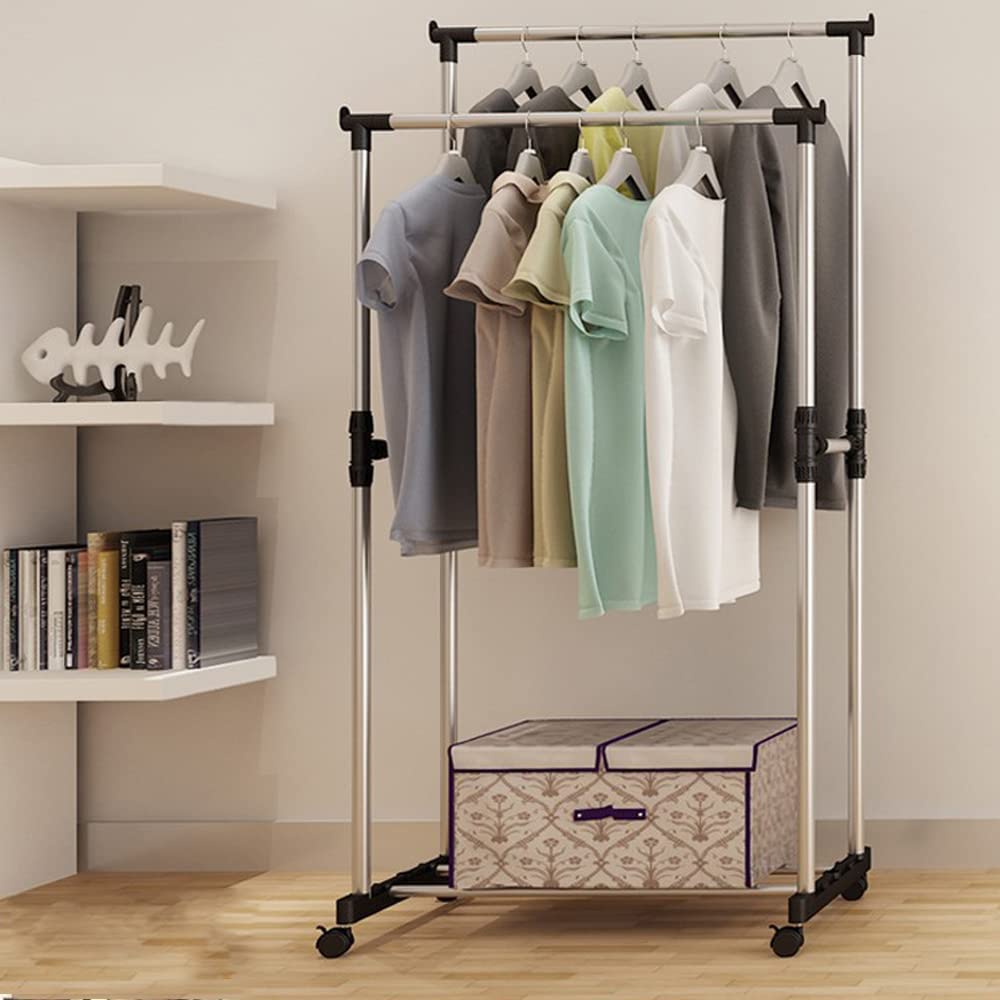 Verozi® Clothes Drying Rack, Double Pole Rail Rod Adjustable Outdoor Indoor Garment Rack Commercial Grade Adjustable Clothing Rack Supreme Rolling Rack Steel Multipurpose Cloth Hanger Rack