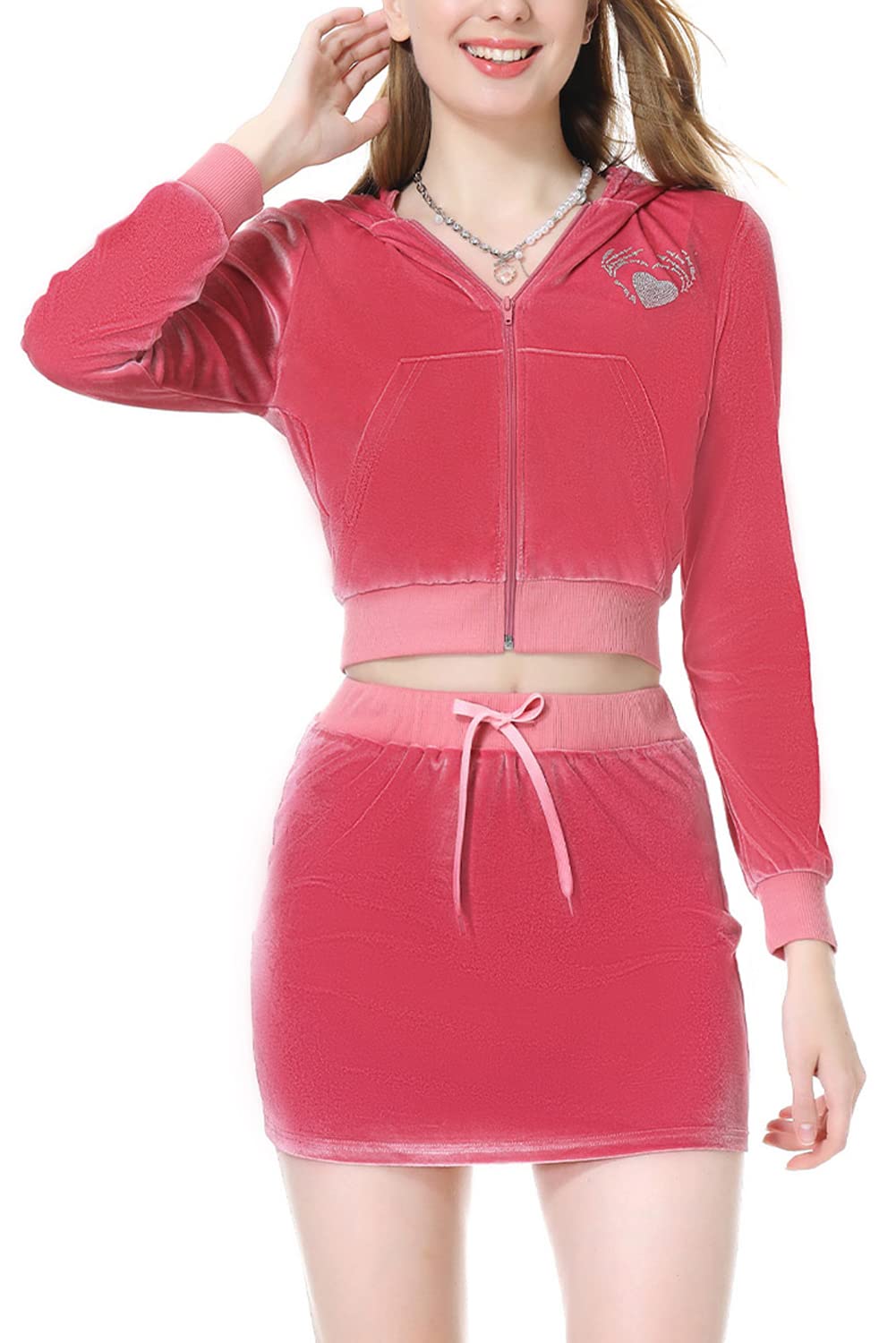 Women Y2K Velour Skirt Set Velvet Zip Up Sweatshirt Heart Print Tracksuit Pink Long Sleeve Workout Set