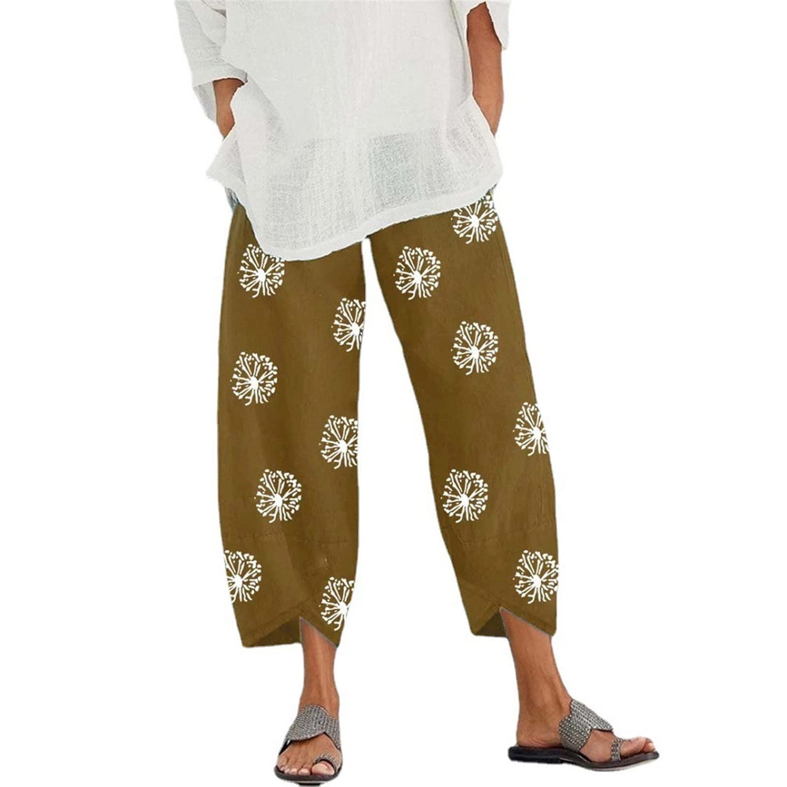 HRTLSSHRTLSS Women's Pants نساء سروال حريم غير رسمي صيف طباعة واسعة الساق أنثى مستقيمة سراويل مريحة مستقيمة (Color : Hortel�, Size : L)