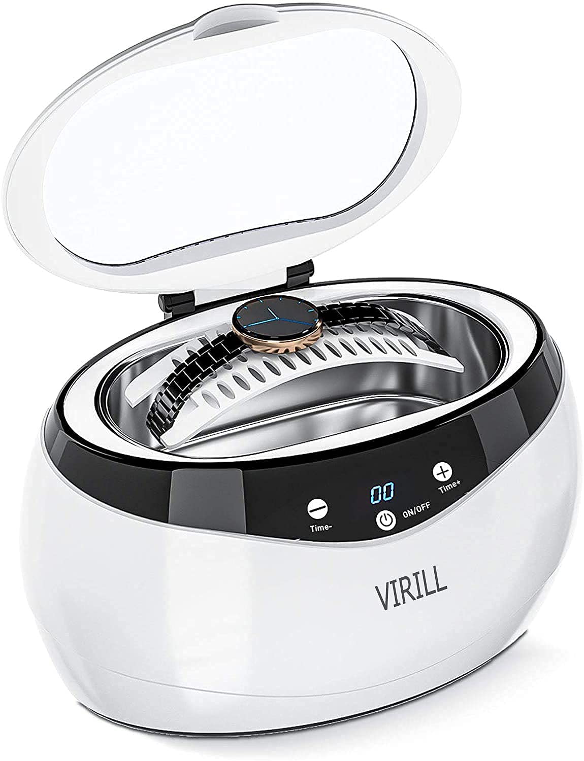 VIRILL Ultrasonic Cleaner,Jewellery Cleaner 650ml Ultra Sonic Cleaner with Stainless Steel Tank and Cleaning Basket Watch Stand for Jewelry Rings Pendant Glasses Metal Coin Razor Denture