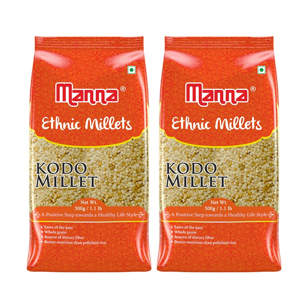 Manna Kodo Millet. Natural Grains 1kg (500g x 2 Packs) - (Kodra / Varagu / Arikelu / Hark / Varigu) | Native Low GI Millet Rice | High Protein & 100% More Fibre Than Rice