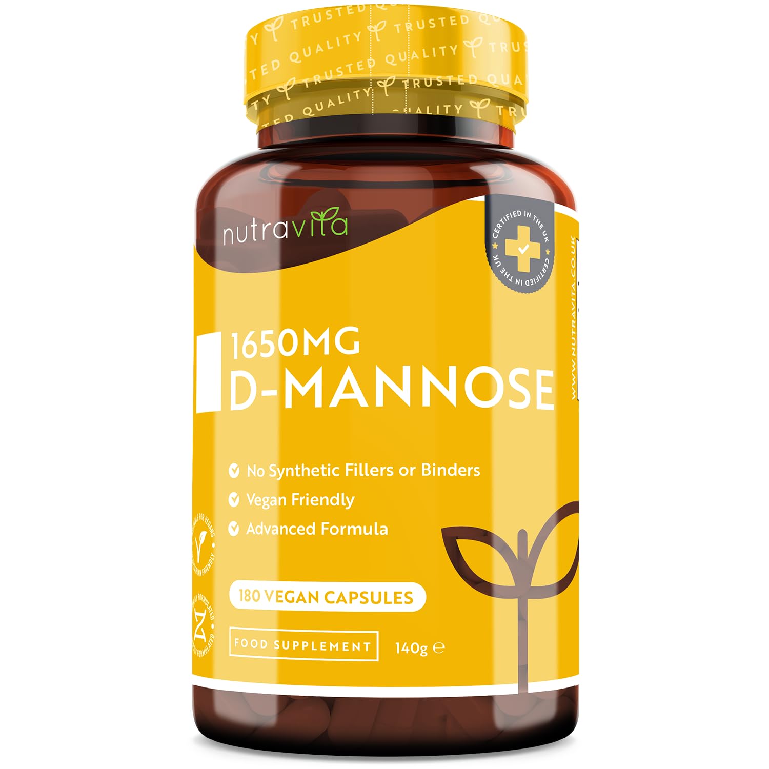 D-Mannose 1650mg High Strength Capsules – 180 Vegan Friendly Capsules (Not Tablets) – 100% Natural Premium D Mannose Supplement – Made in The UK by Nutravita