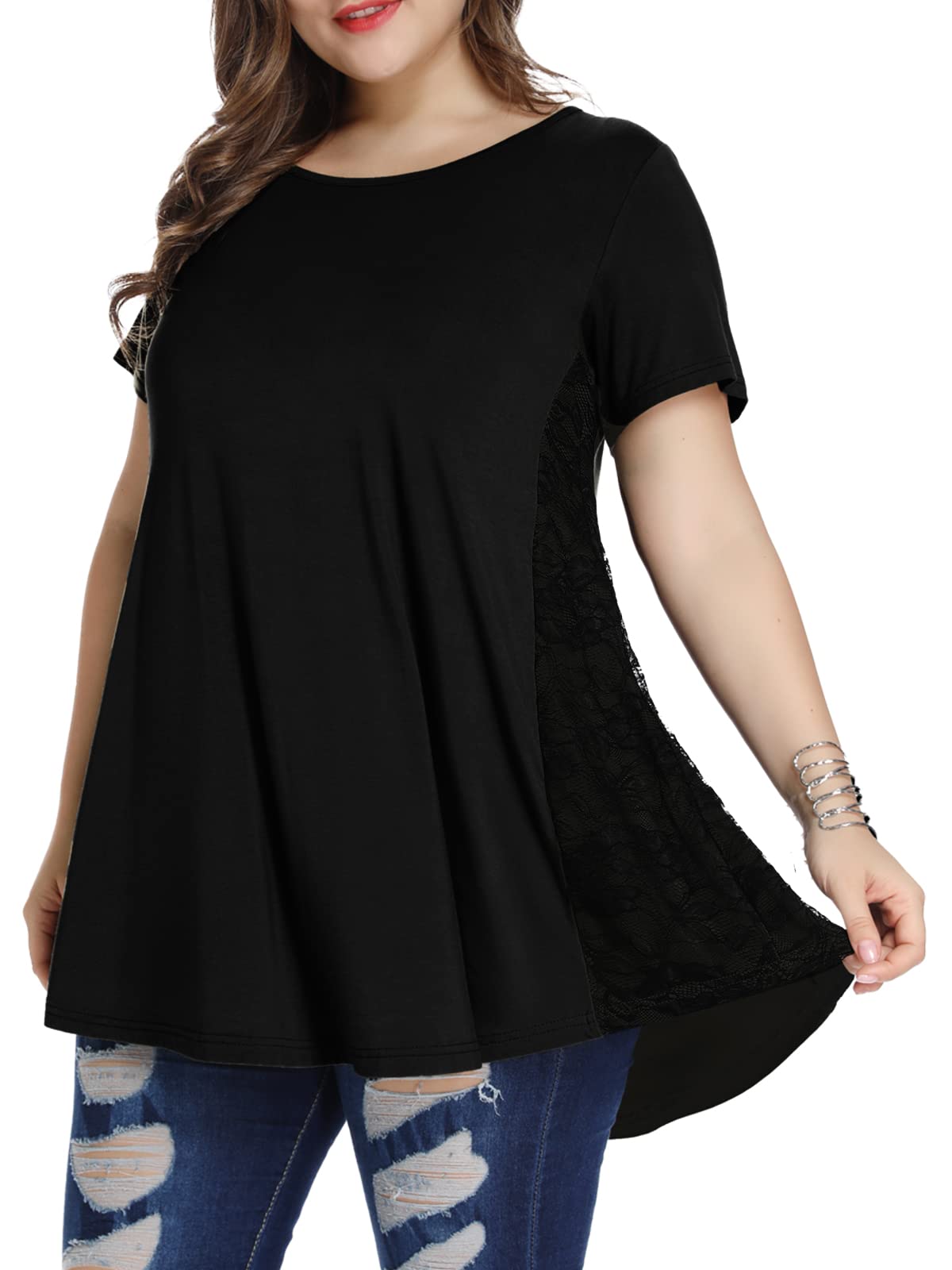 Women Lace Tunic Top Short Sleeve Flare T Shirt for Leggings