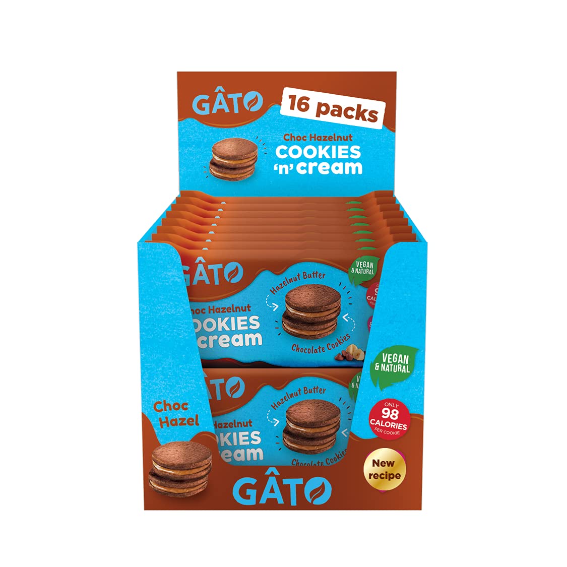 GATO Plant Based Cookie Cream Biscuits, Gluten Free, High Fibre, Chocolate Hazelnut, Pack of 16 x 42g