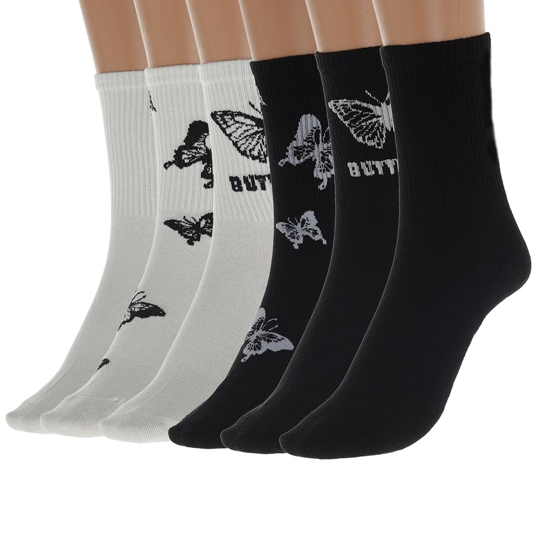 Woeoe Butterfly Crew Socks White Cotton Athletic Socks Pattern Warm Casual Socks for Women and Girls(6 Pairs)