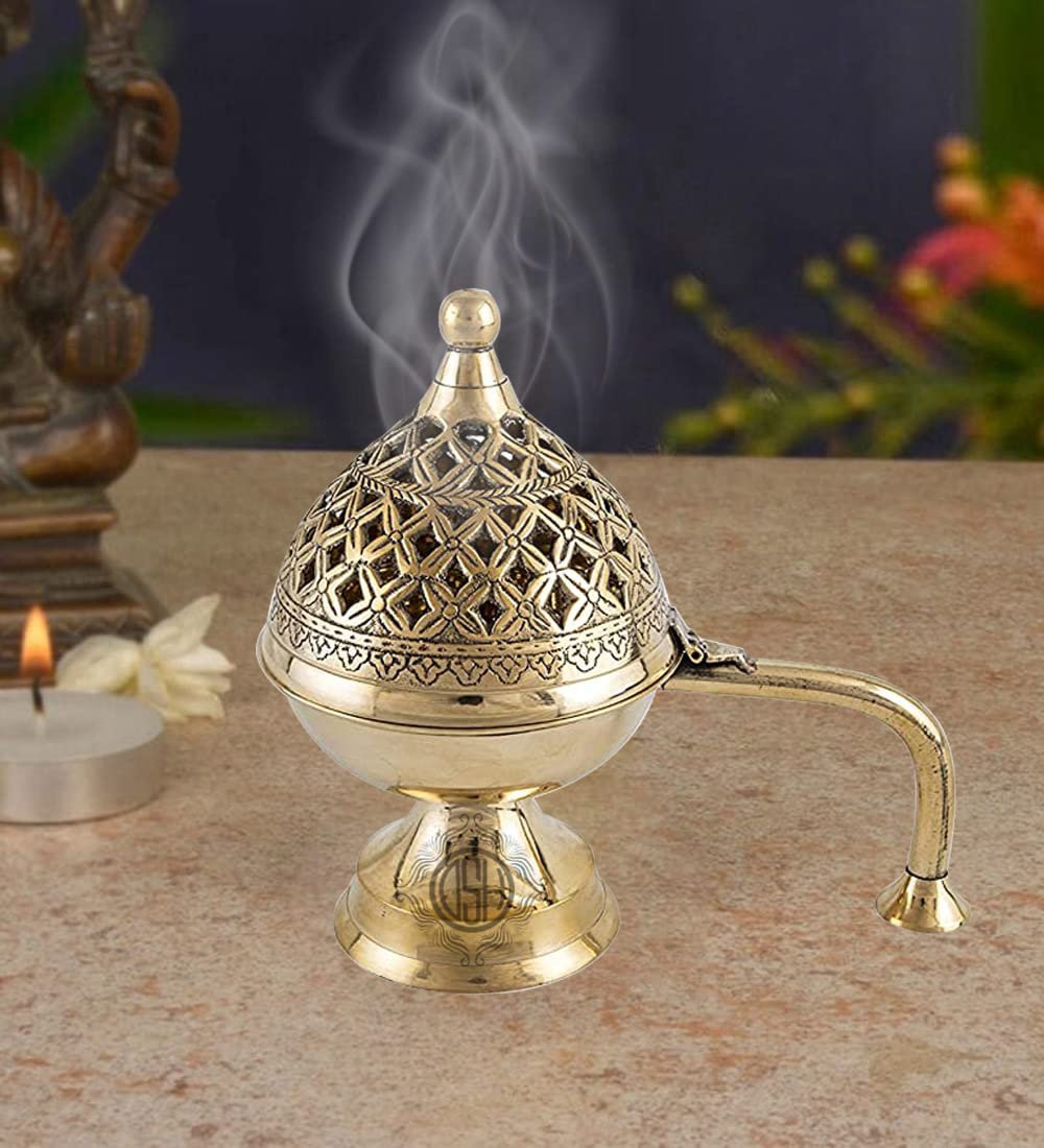 DSH CRAFTING YOUR CURIOSITY Dsh Home Purifying Brass Dhuna Loban Burner Dhooni Dhoop Dani Dhuni Brass Table Dhoop Dani Incense Burner For Loban(Round)