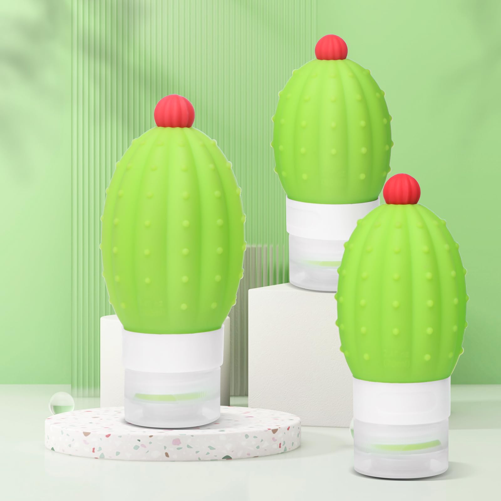 Toplive Travel Bottles for Toiletries, 3 Pack TSA Approved Cute Travel Size Containers, 3 Size Leak Proof Portable BPA Free Silicone Travel Bottles for Shampoo Lotion Bath Shower Gel, Cactus