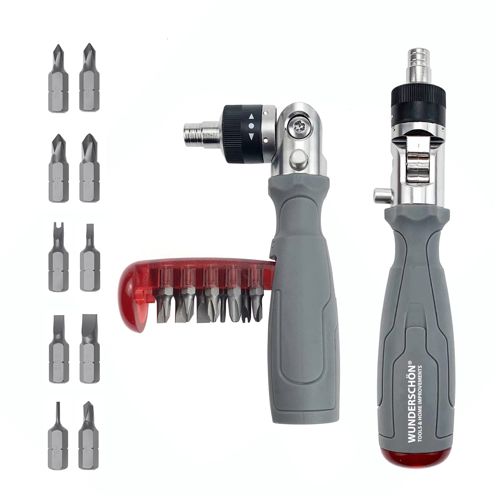 WUNEDRSCHÖN | Multifunctional Reattaching Screwdriver_10 Built-in Hidden Bits Magnetic Multiangle Ratchet Maintenance Tool Suitable to Repair Automotive, Appliances, Household (Model GR-X10)