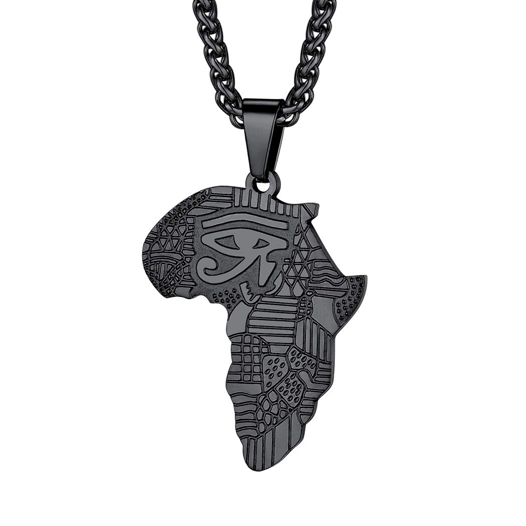 Suplight Stainless Steel/Gold Plated/Black Plated Map of Africa Necklace, Customize Engrave Elephant/Horus Eye/Ethnic Pattern African Map Necklaces for Men Women (with Gift Box)