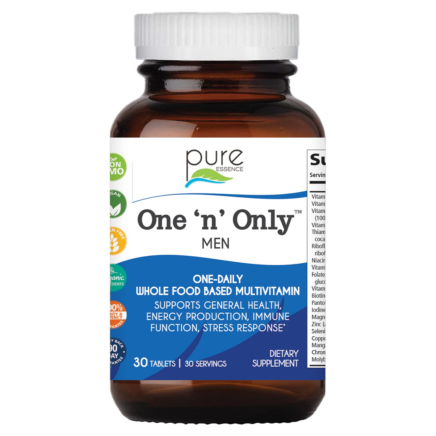 PURE ESSENCE LABSOne N Only Multivitamin for Men, Natural One a Day Herbal Supplement with Vitamin D3, B12, and Biotin with Whole Foods, 30 Tablets