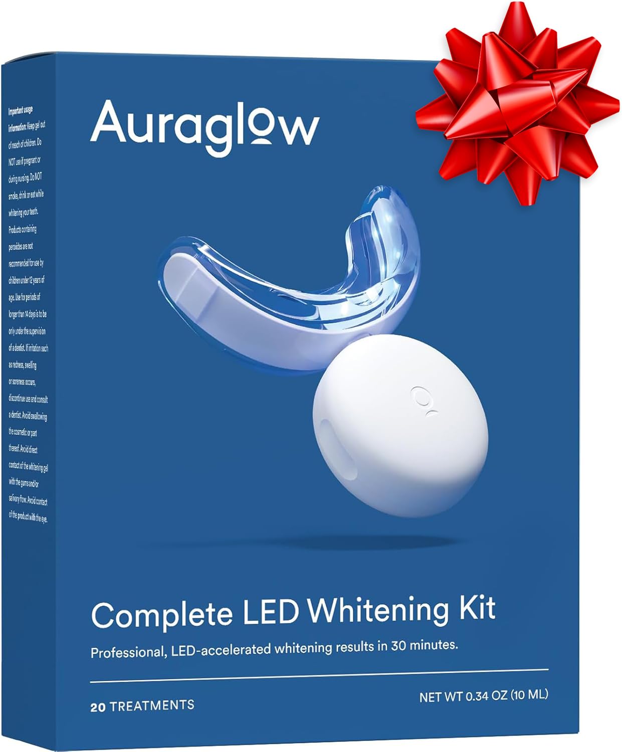 AuraGlow Teeth Whitening Kit, LED Light, 35% Carbamide Peroxide, (2) 5ml Gel Syringes, Tray and Case