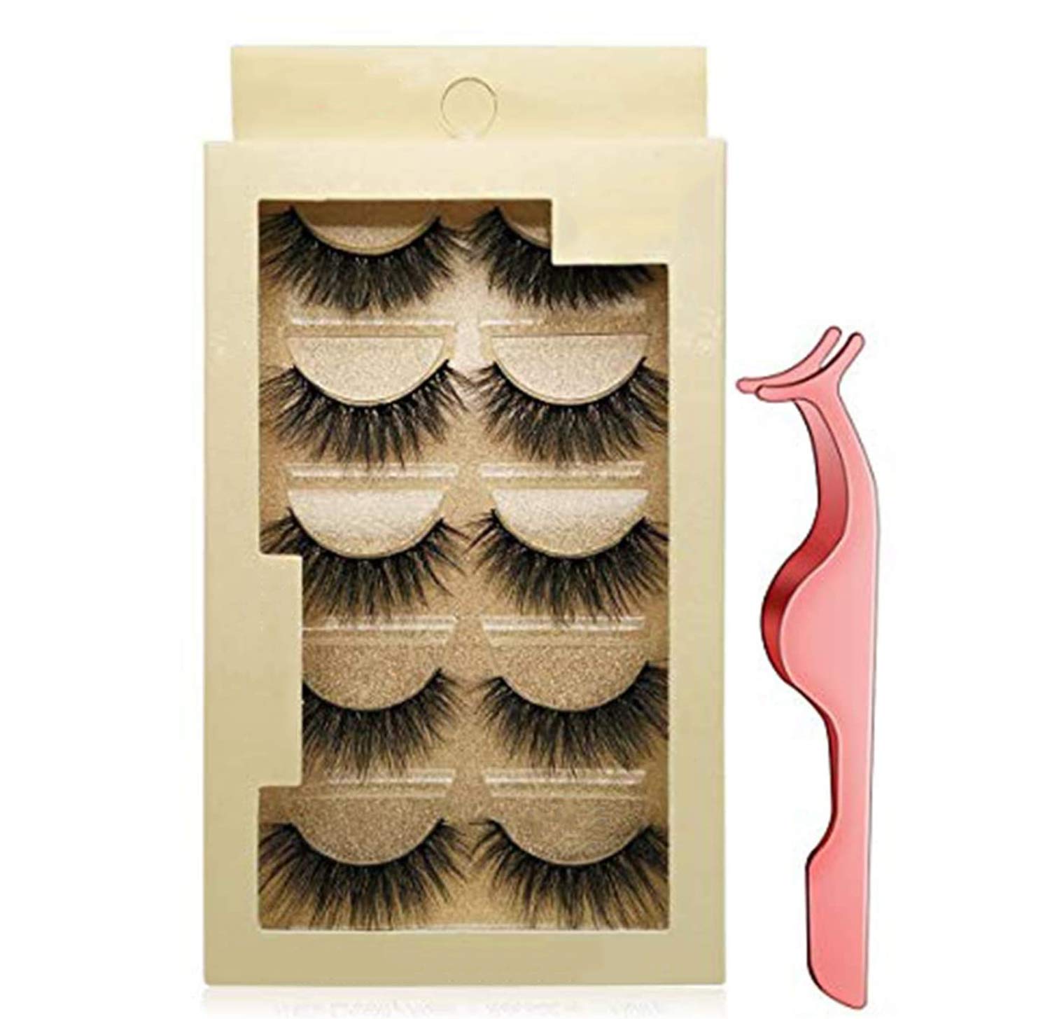 DELFINOFalse Lashes, False Eyelashes Mink Lashes 5 Pairs Reusable 3D Mink Lashes Handmade Natural Thick Fake Eyelashes Contains Stainless Steel Eyelash Tweezers (Bomb)