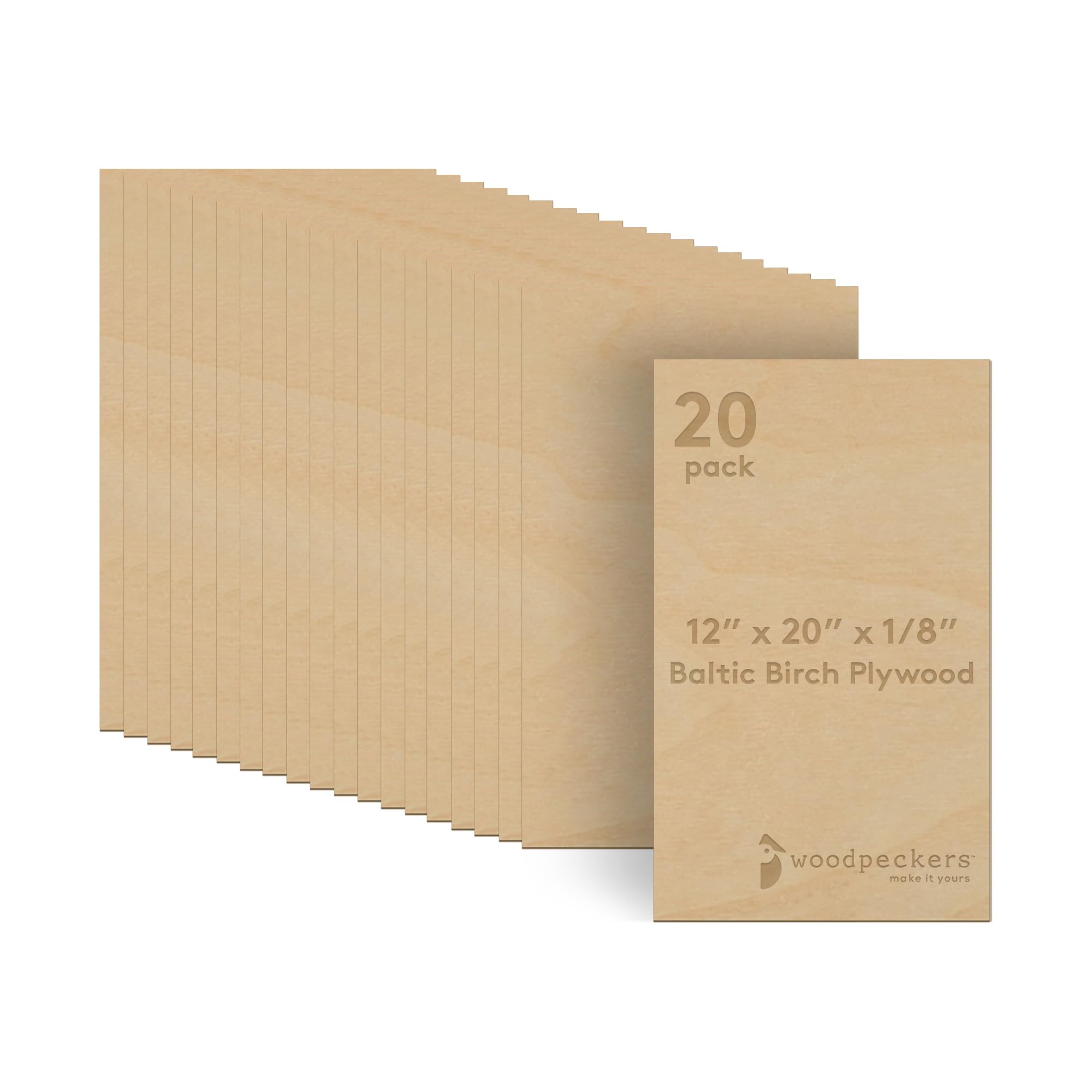 3 mm Baltic Birch Plywood 1/8 x 12 x 20 Inch, Box of 20 B/BB Grade Craft Wood, Stronger Than Basswood Sheets, for Laser, CNC Cutting and Wood Burning, by Woodpeckers