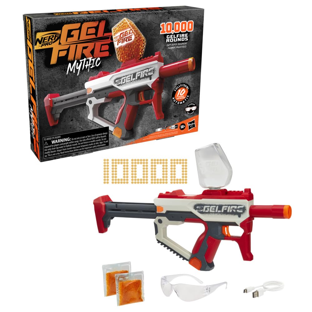 NerfPro Gelfire Mythic Full Auto Blaster & 10,000 Gelfire Rounds, 800 Round Hopper, Rechargeable Battery, Eyewear, Ages 14 & Up