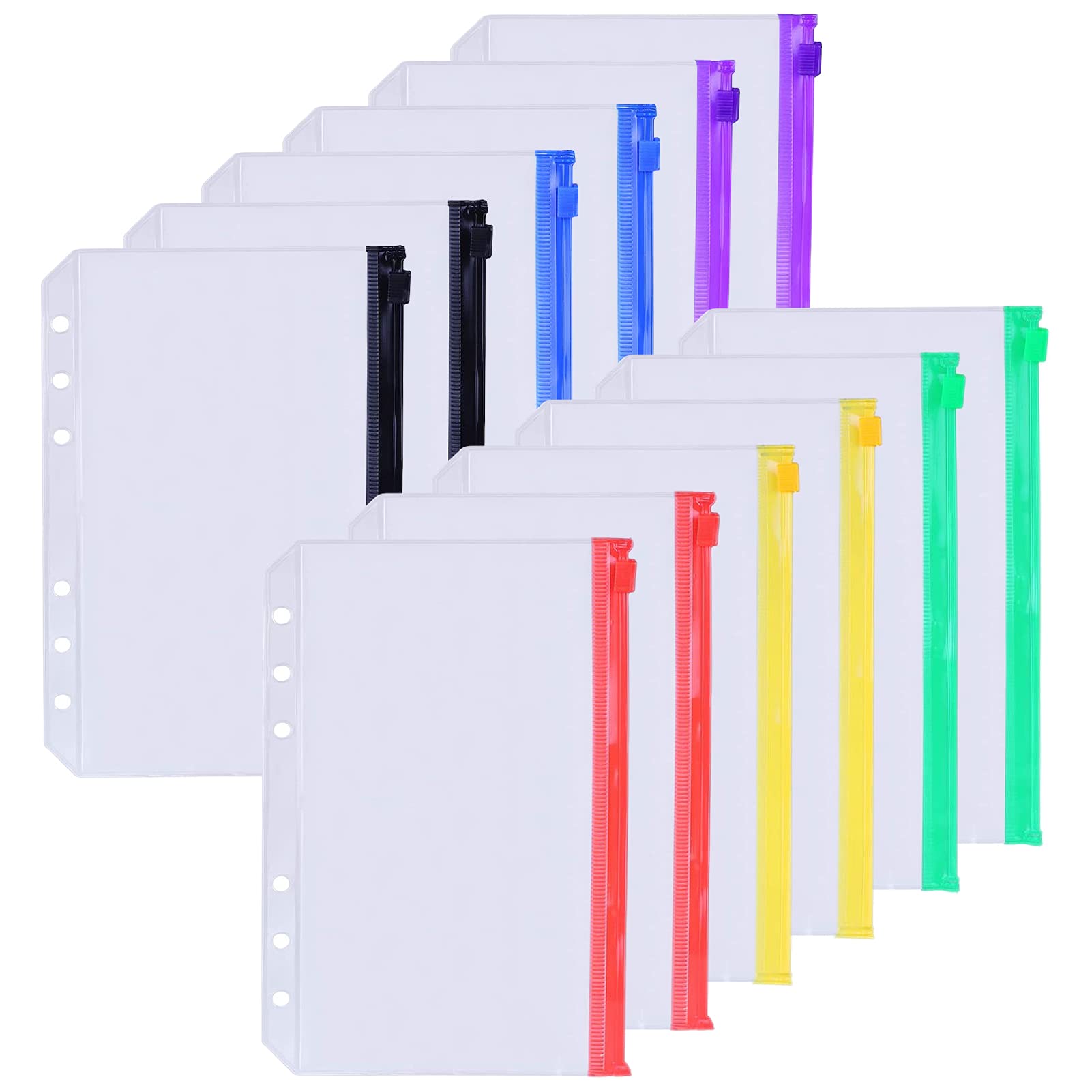 Toplive 12 PCS Binder Pockets, A5 Size Binder Colored Zipper Folders Punched 6 Holes Refillable Pouch Document Filing Bags, [Waterproof]PVC Loose Leaf Bags for 6 Rings Binder Notebooks Planner Journal