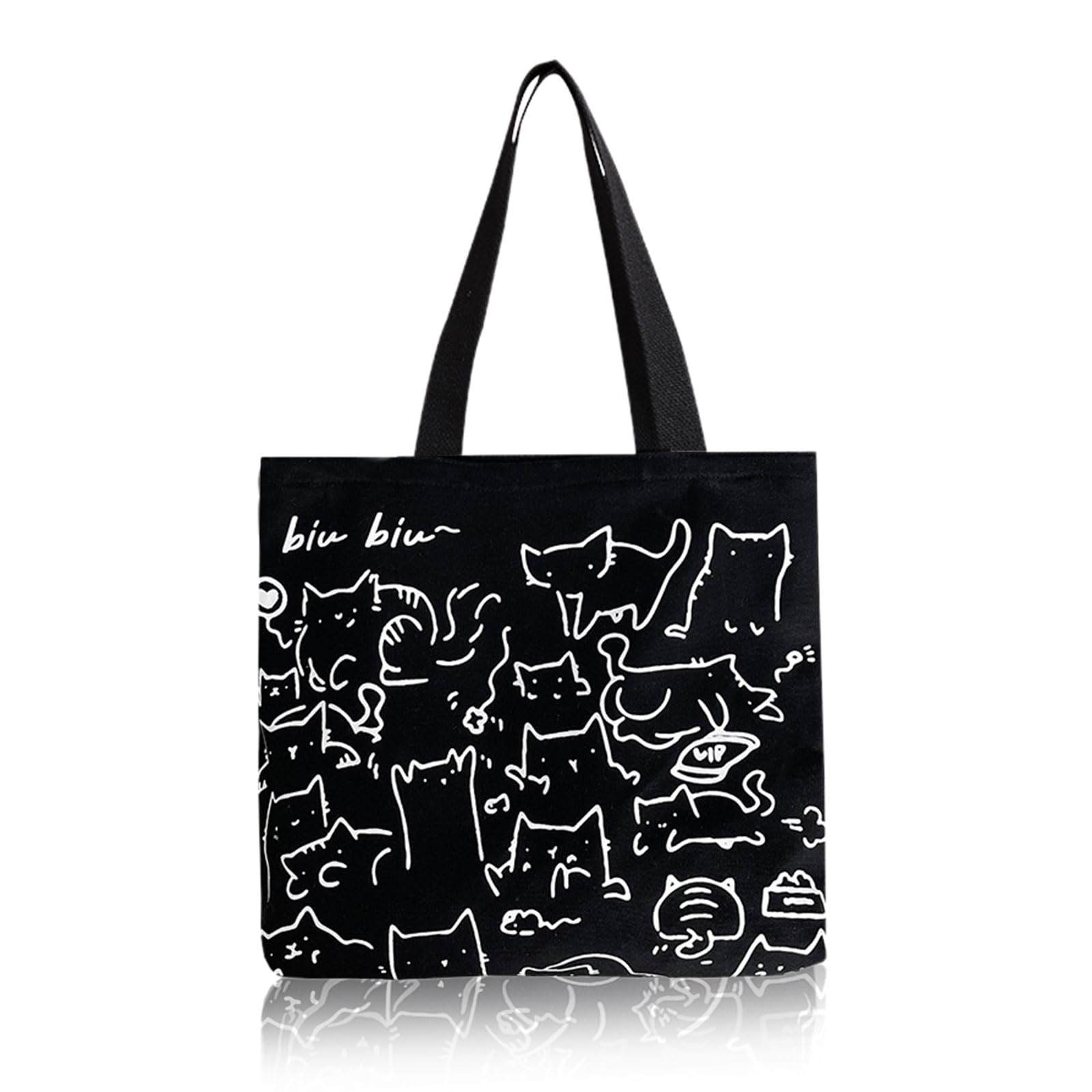 MIVAIUN Black Cat Canvas Tote Bag,Women's Canvas Tote Bag with Zip,Cute Reusable Shopping Bags with Handles,Cat Print Tote Bag,Washable Foldable Shopper Bag Cat Lovers Gift