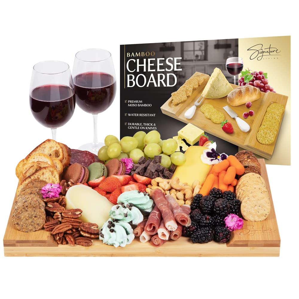 Signature Living Large Bamboo Cheese Board (16" x 10" x 1.2") Beautiful Charcuterie Board for Cheese, Crackers, Meat - Durable Wooden House Warming Serving Board