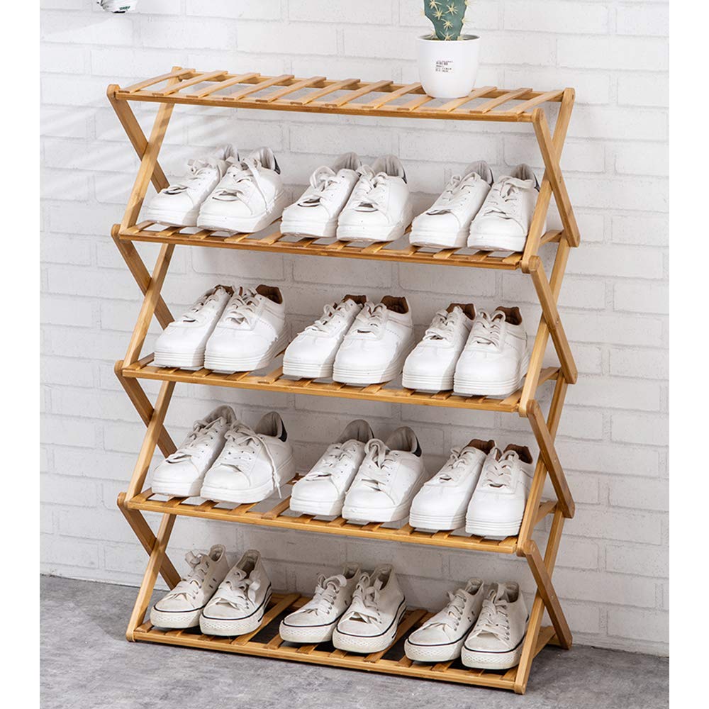 GL Bamboo 5-Tier Shoe Shelf Foldable Bamboo Shoe Rack Multifunctional Free Standing Shoe Shelf Storage Organizer