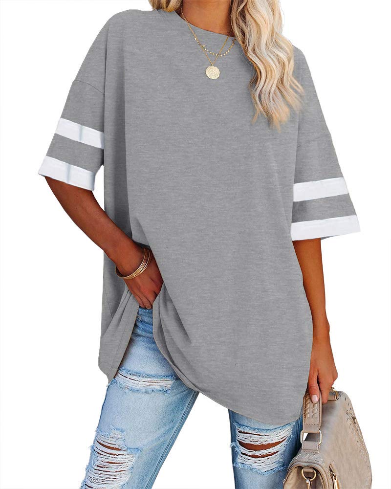 Fisoew Womens Oversized Tees Loose T Shirts Half Sleeve Crew Neck Color Block Cotton Tunic Tops