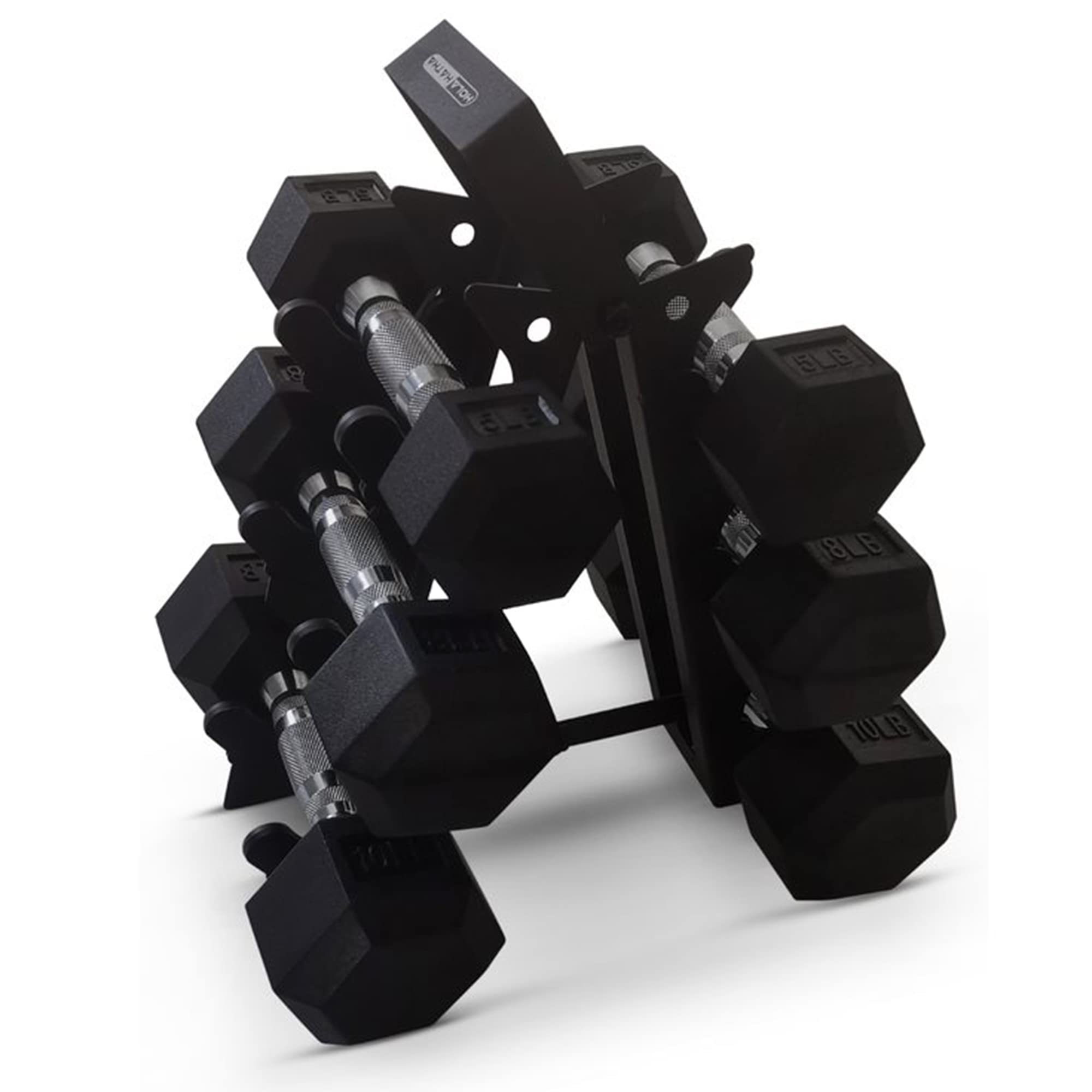 HolaHathaHexagonal Dumbbell Free Hand Weight Set w/Rack