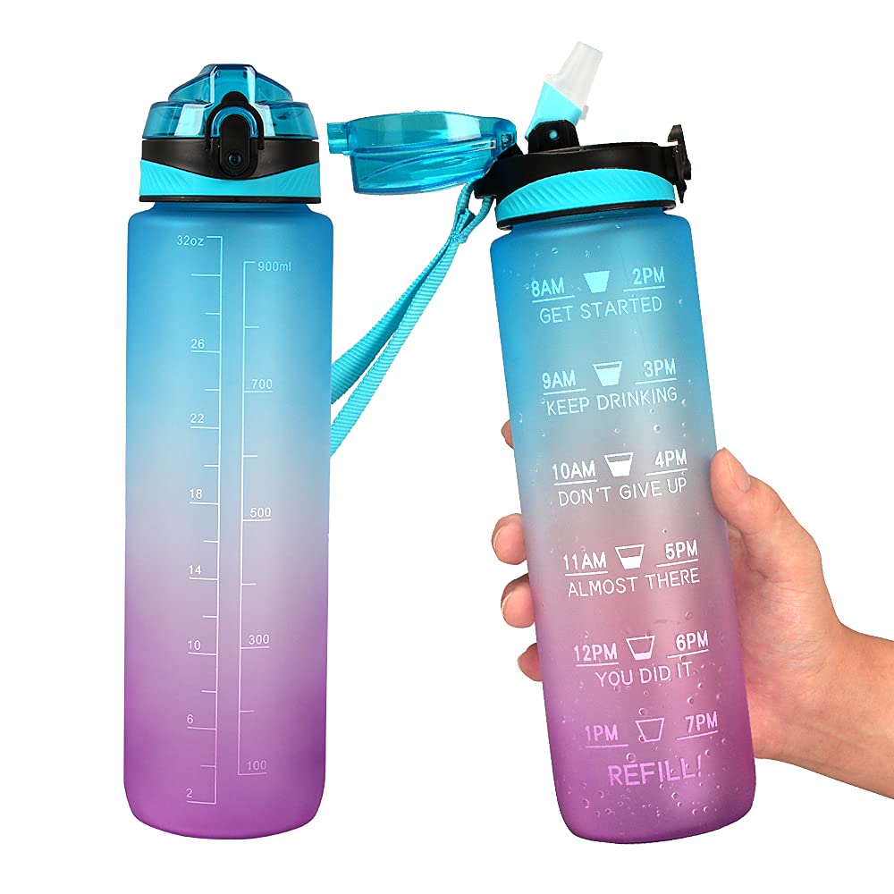 Water Bottle 1L with Time Marker Straw Strainer BPA Free for Fitness Gym Outdoor Sports