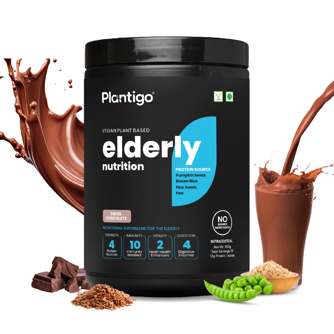 Plantigo Superior 51+ Plant Protein Powder for Seniors | Elders, Old Men & Women | No Sugar, Low Calories | Pea Protein, Oats | Heart Health & Muscle Recovery, Vegan Protein (Swiss Chocolate - 500g)