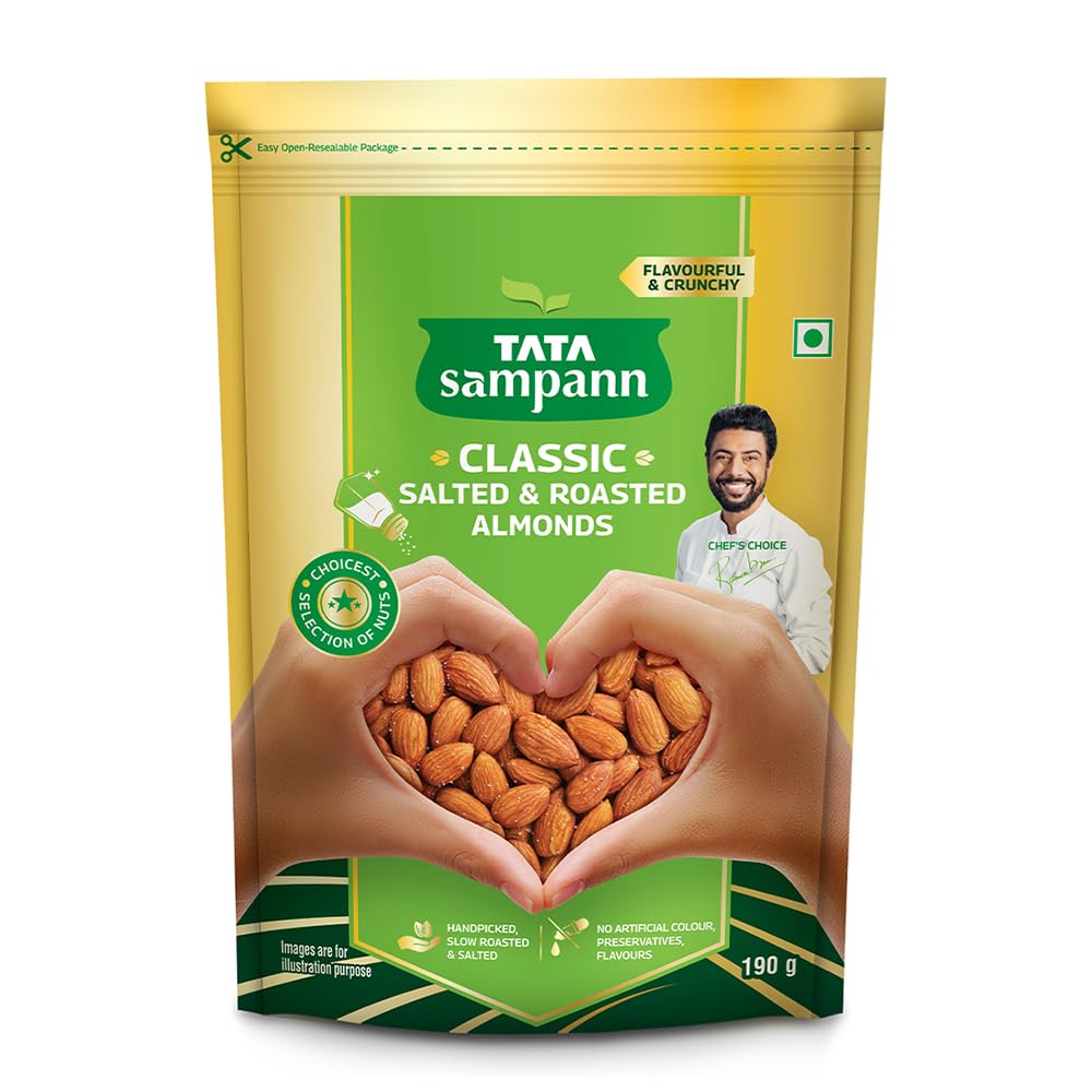 Tata Sampann Classic Salted & Roasted Almonds | Flavourful & Crunchy Snack | Handpicked, Salted & Slow Roasted Almonds | Rich in Protein, Magnesium, and Phosphorus | No Artificial Colours, Preservatives & Flavours | 190g