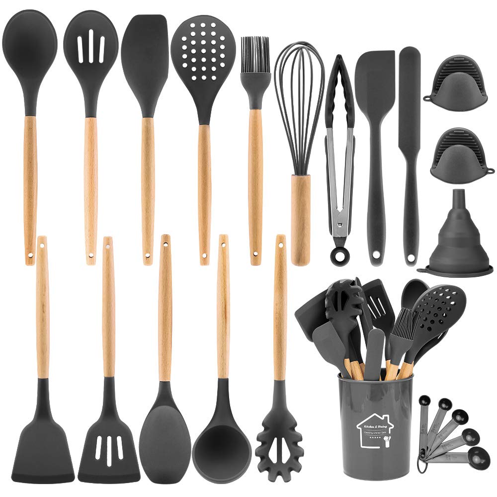 Silicone Kitchen Utensils Set for Cooking,23 Pcs BPA Free Wooden Handle Cooking Utensil Tools Set,Heat-Resistant Kitchen Cooking Utensils Set for Nonstick Cookware Utensil by BEGEEL-Gray