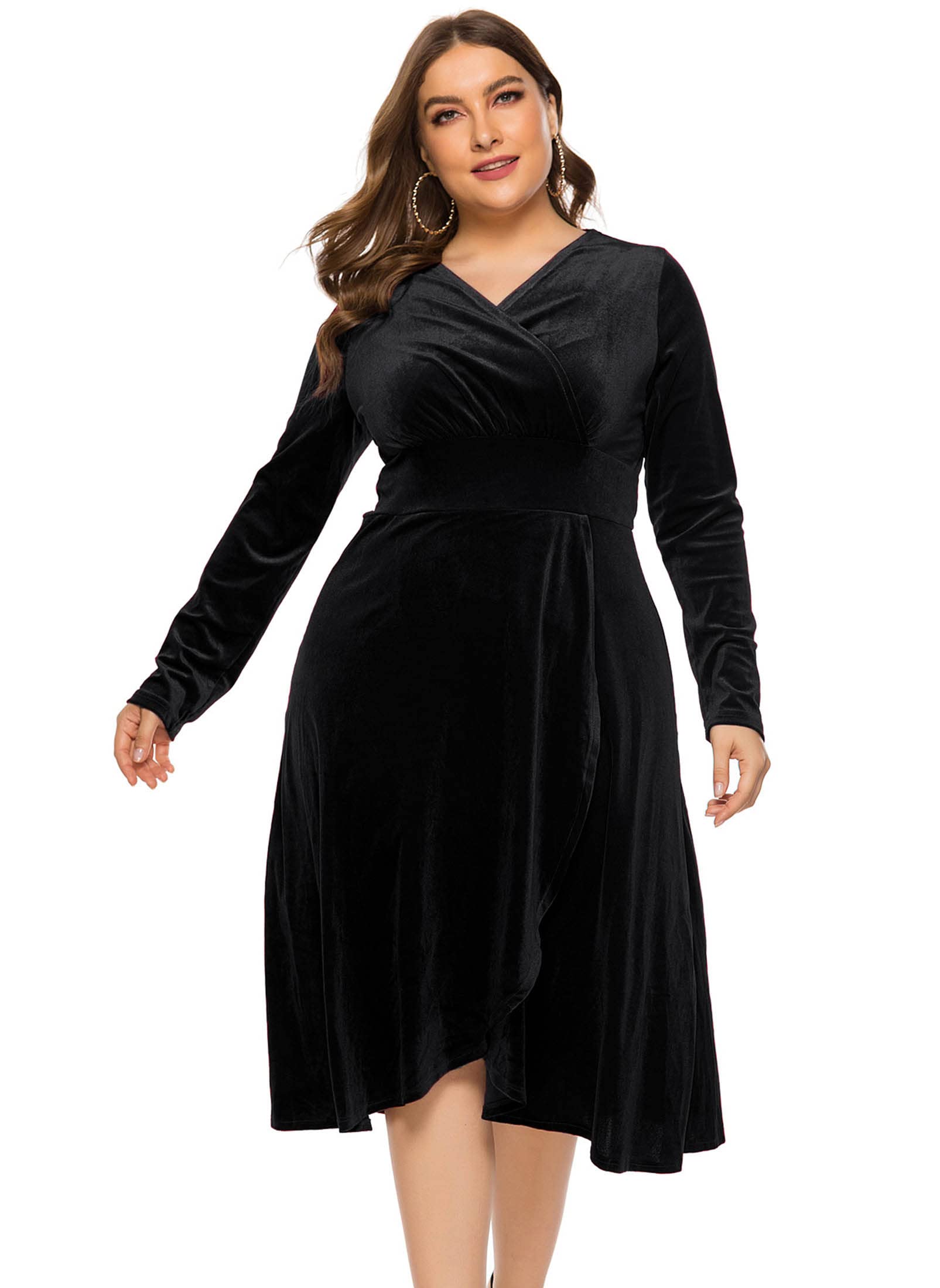 Woeoe Women Long Sleeve Party Dress V Neck Velvet Split Club Dress Plus Size Stretchy Birthday Night Dress