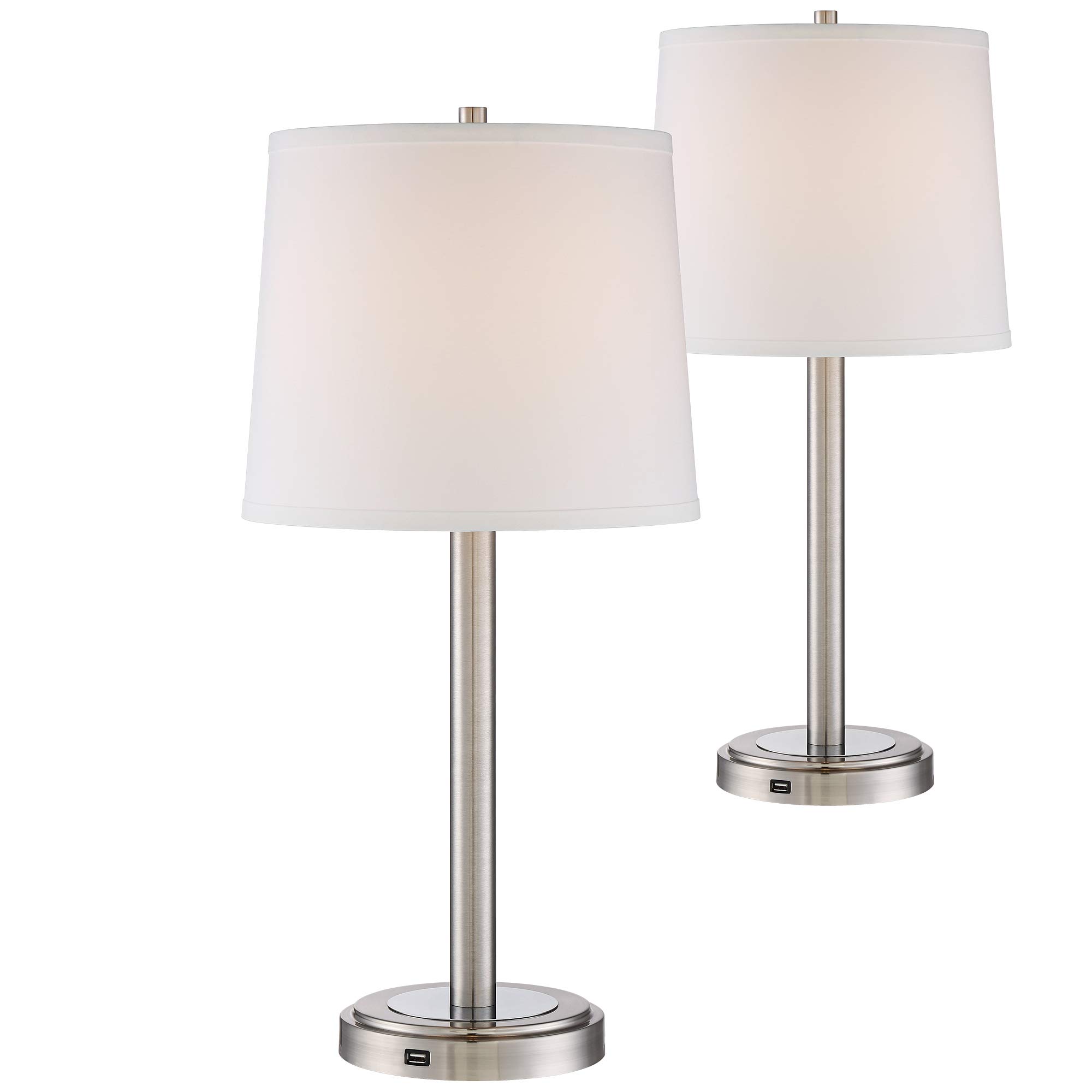 360 Lighting Camile Modern Table Lamps 25" High Set of 2 with USB Charging Port and Table Top Dimmers Brushed Nickel Metal Off White Drum for Living Room Desk Bedroom House Nightstand Office