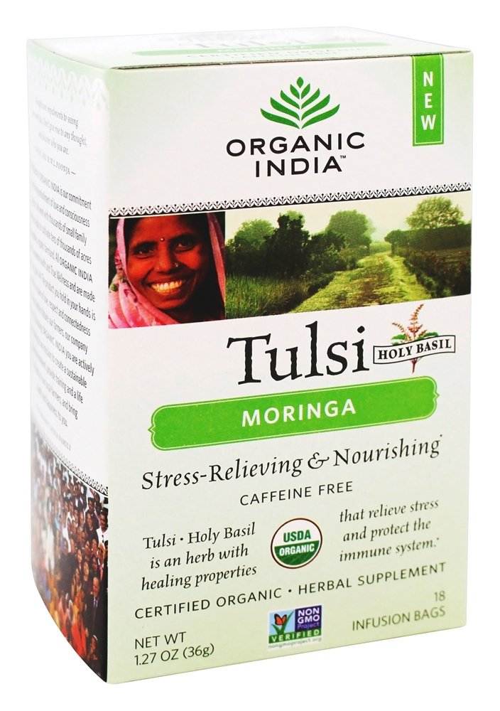 ORGANIC INDIA Tulsi Moringa Tea - Delicious Moringa and Holy Basil Blend Rich in Antioxidants - 100% Certified Organic, Non-GMO, and Fair Trade, 18 Tea Bags