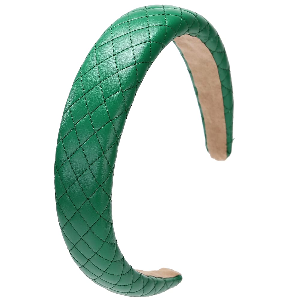 1.7-Inch-Wide Headband Leather Checkered Pattern Padded Headband Hard Headband Hairband for Women and Girls Thick Hair (Green)