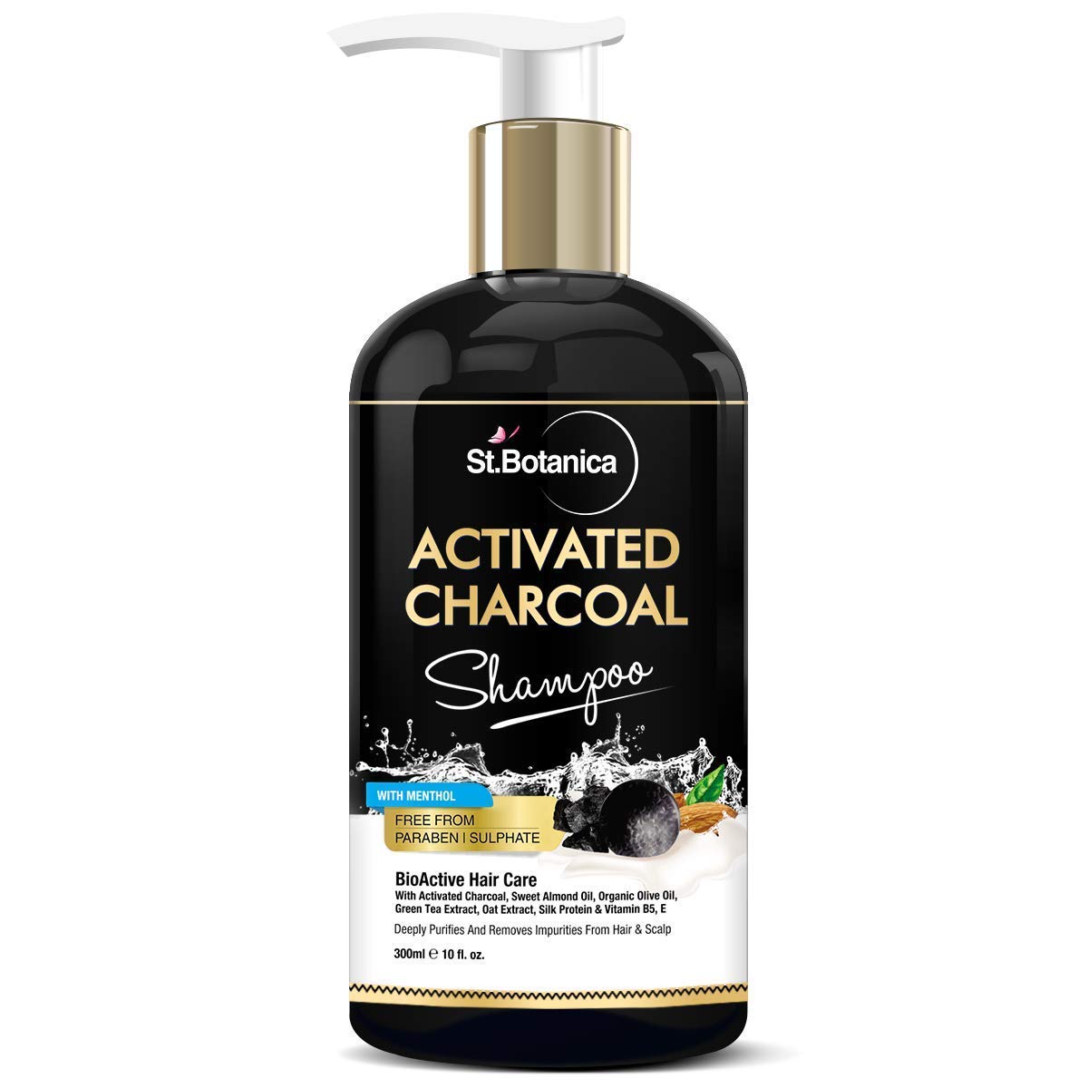 StBotanica Activated Charcoal Hair Shampoo, 300ml - No SLS/Sulphate, Paraben or Silicon - Refreshing Menthol, Organic Olive & Almond Oil, Vitamin B5, E, Oats & Silk Protein