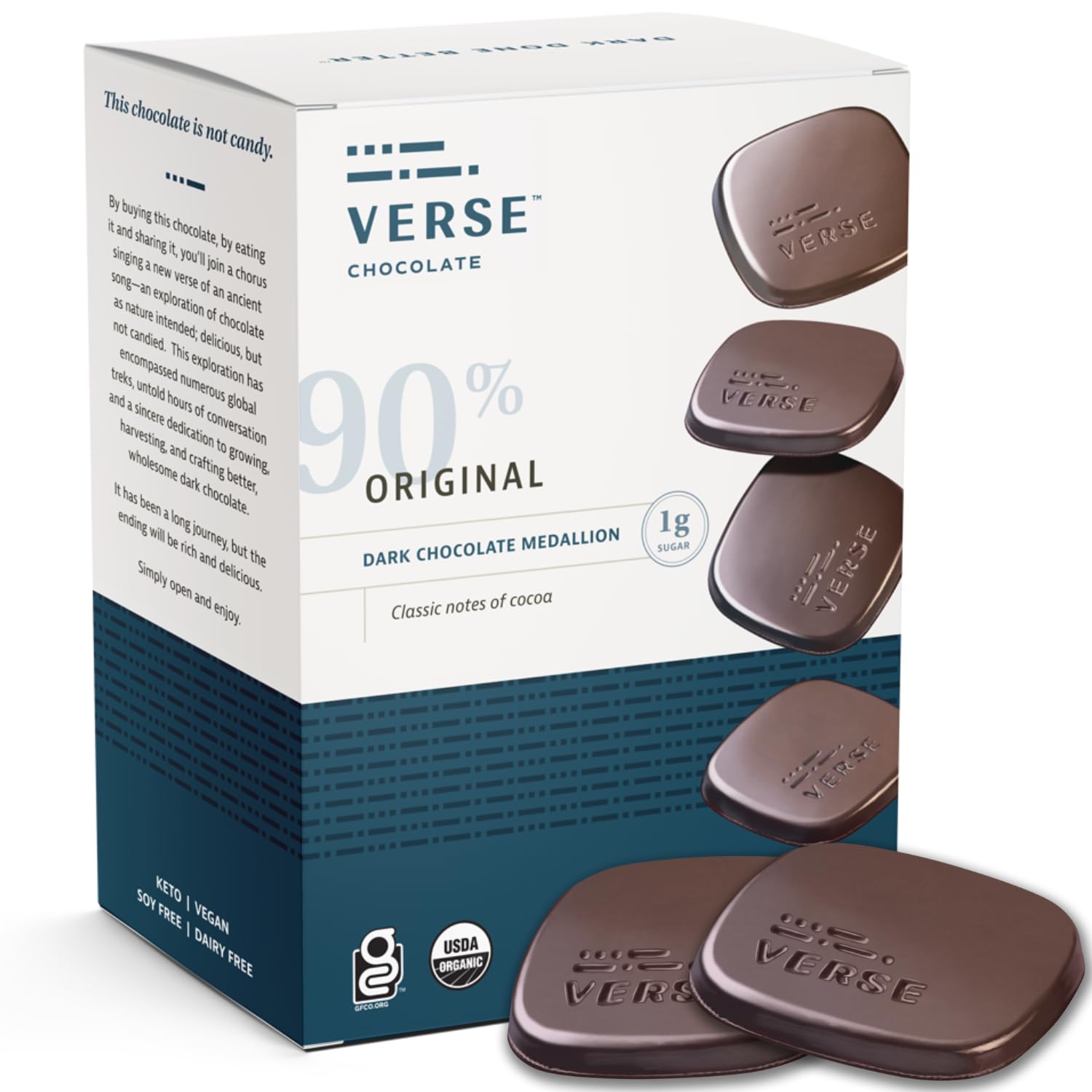 Verse Dark Chocolate Squares | Individually Wrapped, Low Sugar, Vegan, Gluten Free, Keto, Organic & Fair Trade Cocoa, 90% Cacao, 4.23 oz box (Original, 1 Box)