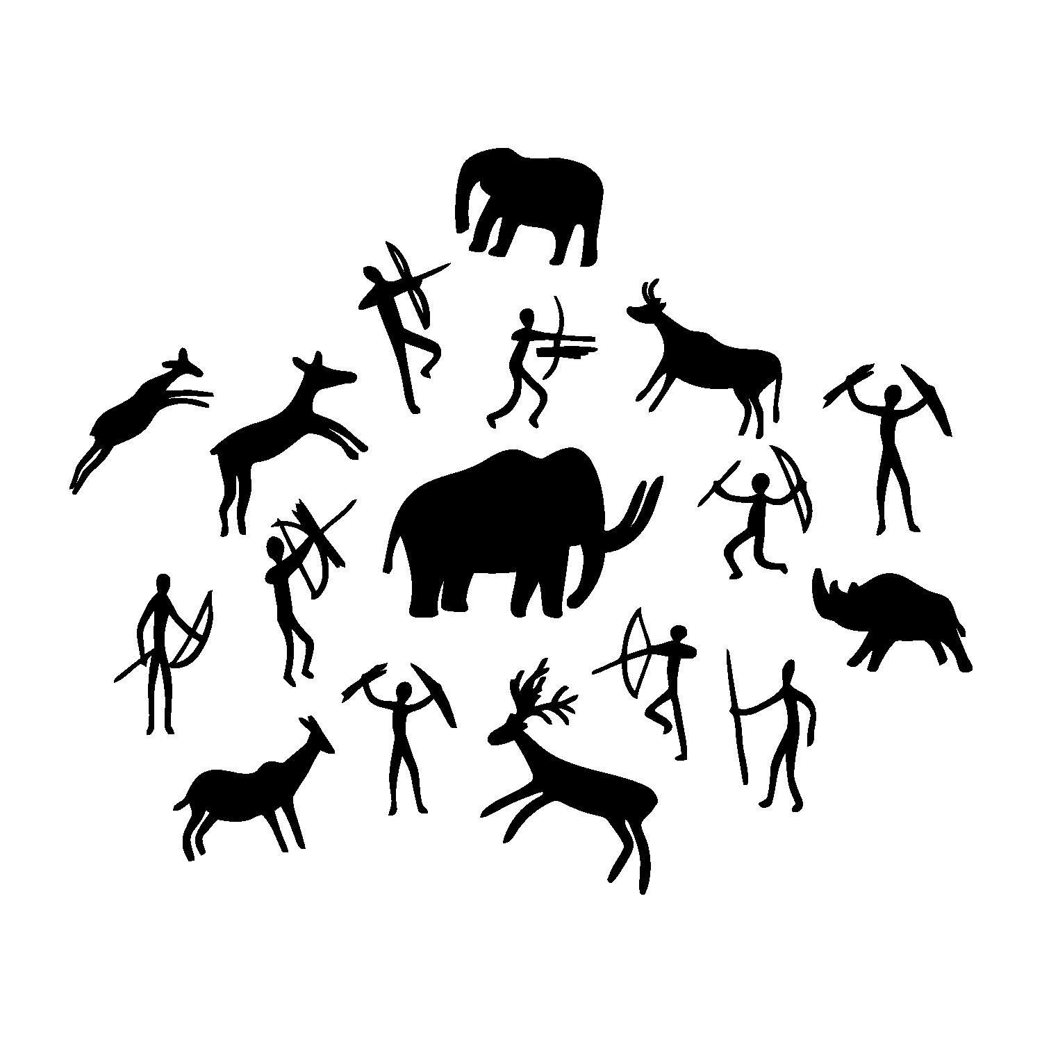 Fishing Hunting Style Sticker-PetroglyphicHunters Primitive Weapon Animals-Wall Decal Sticker-Man Cave Club Room Wall Decor-BxSxK00-35-35-11x13.7 in