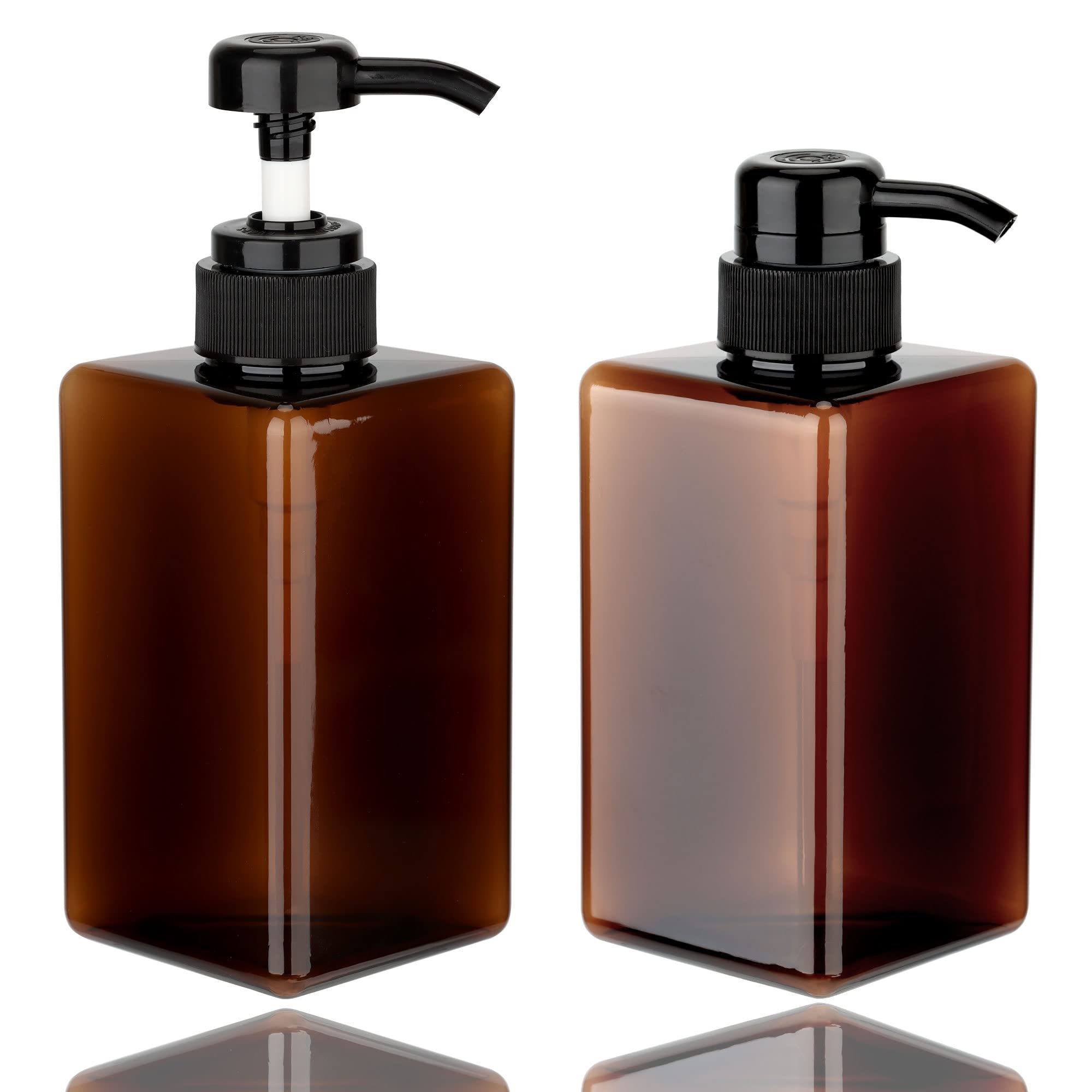 2 Pack 450ml/15.2oz Square Pump Bottle Dispenser Dulinkas Refillable Plastic Lotion Dispenser Empty Lotion Pump Bottle Liquid Container for Essential Oil Soap Lotion Shampoo Amber