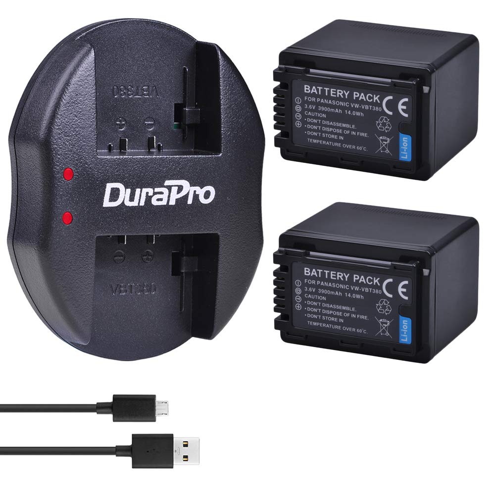 DuraPro 2Pcs 3900mAh VW-VBT380 VBT380 Battery + Micro Dual USB Charger for Panasonic VW-VBT380 VW-VBT190;Panasonic HC-V180 V210 V250 V380 V500 V707 V727 V750 V770 VX870 VXF999 W850 WX970 Cameras