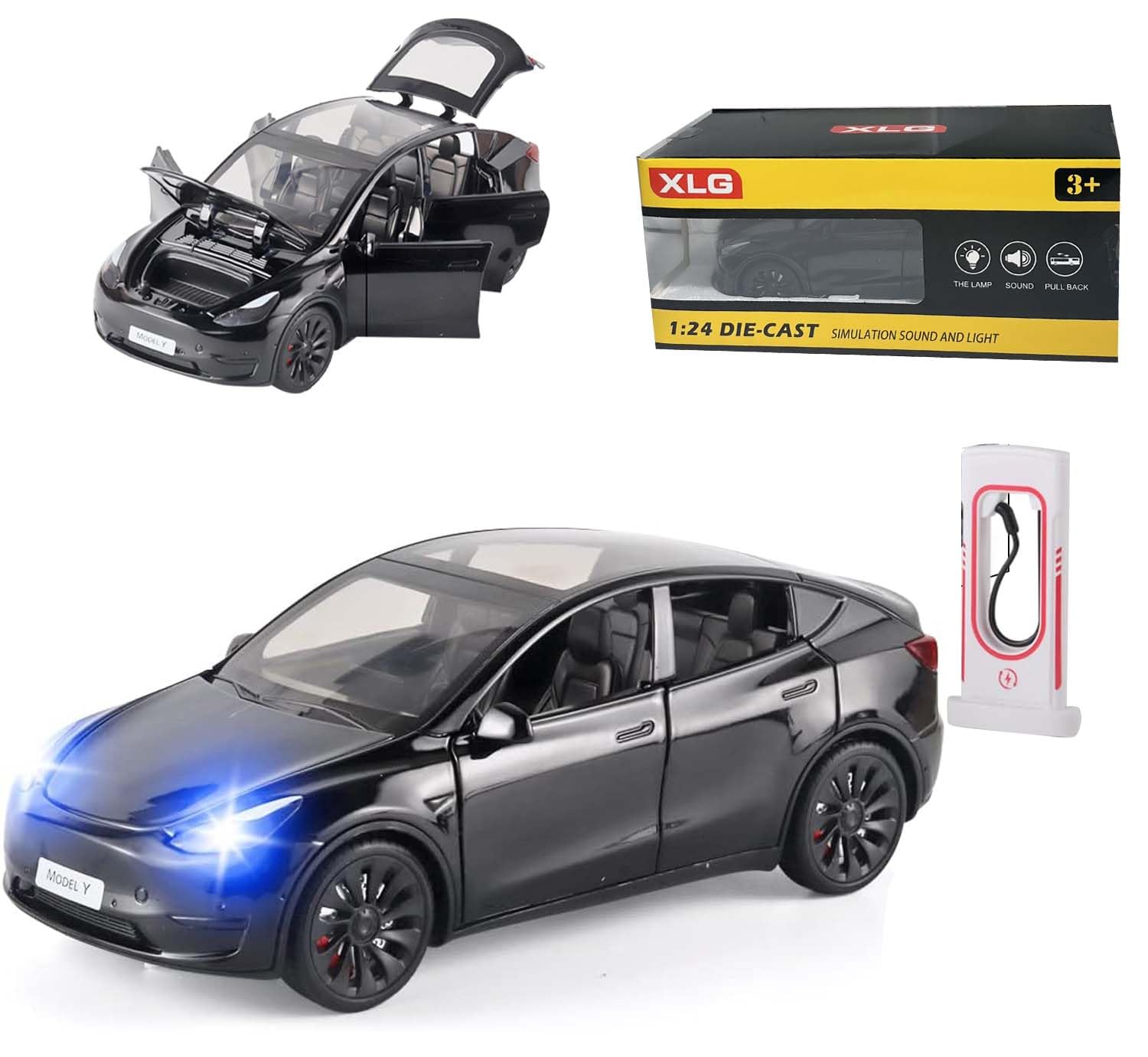 Swift 1:24 Scale Tesla Model Car Toy - Pull Back with Sound and Light | Alloy Diecast Vehicle for Kids or Collectors