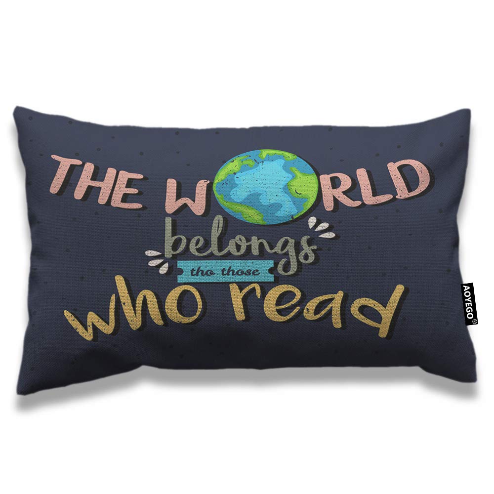 AOYEGO Earth Throw Pillow Cover 12x20 Inch Planet World Belongs to Those Who Read Inspirational Quote Words Rectangle Pillow Cases Home Decorative Cotton Linen Cushion Cover for Bed Sofa