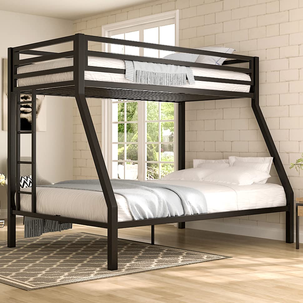 IMUsee Twin Over Full Bunk Bed Frame with Ladder, Metal Bed Frame with Full-Length Guardrail, Space-Saving Design, No Box Spring Needed, Noise Free, Matte Black