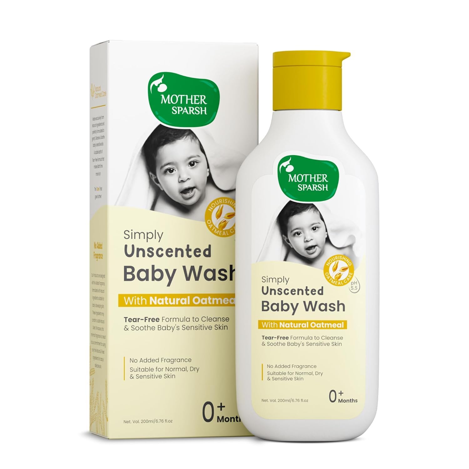 Mother.Sparsh Simply Unscented Baby Wash With Natural Oatmeal- 6.76 Fl Oz | Fragrance Free Baby Body Wash | Tear Free Formula for Newborn's Sensitive Skin